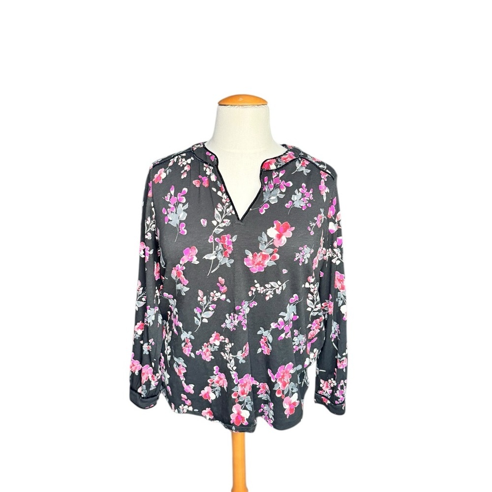 J.Jill Floral Split-Neck Blouse XL | Relaxed Fit Quiet Luxury Work Top G11